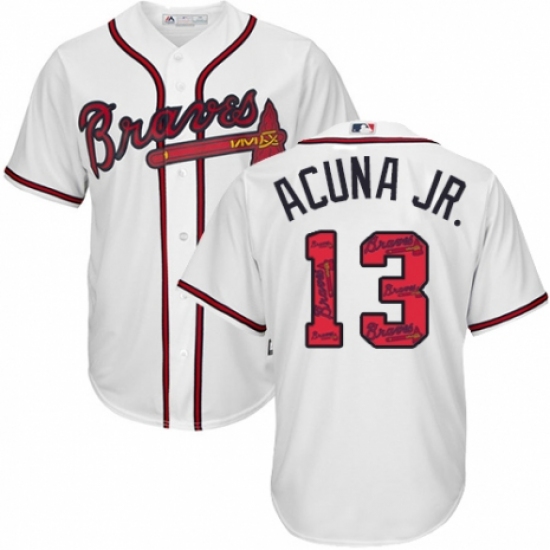 Men's Majestic Atlanta Braves 13 Ronald Acuna Jr. Authentic White Team Logo Fashion Cool Base MLB Jersey