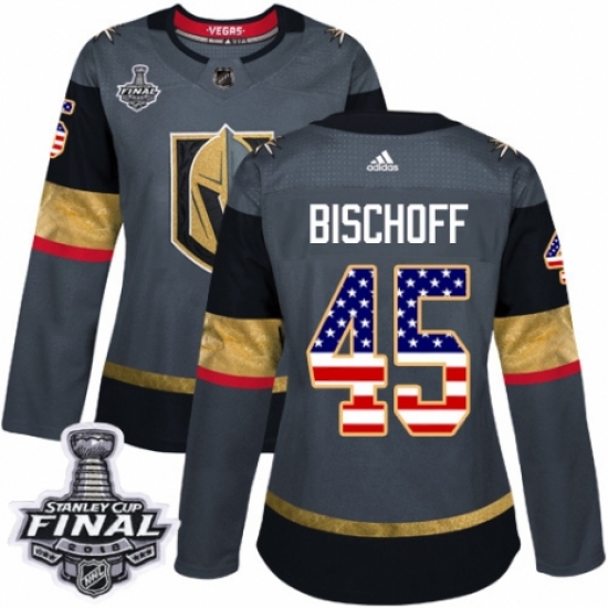 Women's Adidas Vegas Golden Knights 45 Jake Bischoff Authentic Gray USA Flag Fashion 2018 Stanley Cup Final NHL Jersey