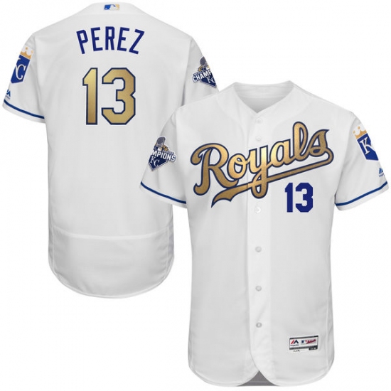 Men's Majestic Kansas City Royals 13 Salvador Perez Authentic White 2015 World Series Champions Gold Program FlexBase MLB Jersey