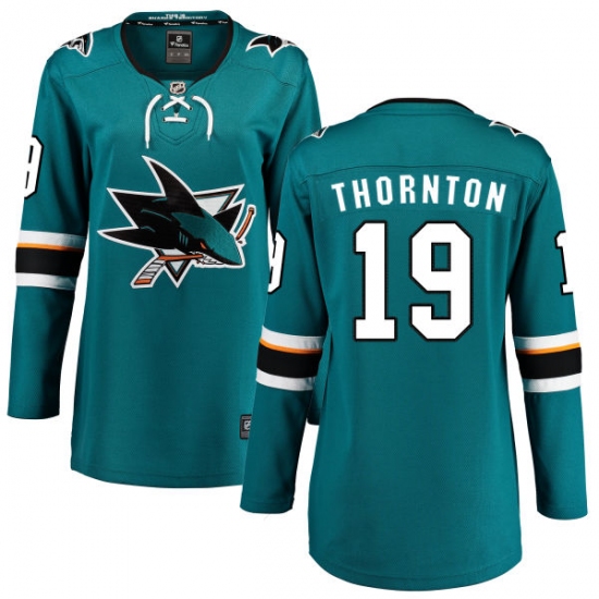 Women's San Jose Sharks 19 Joe Thornton Fanatics Branded Teal Green Home Breakaway NHL Jersey