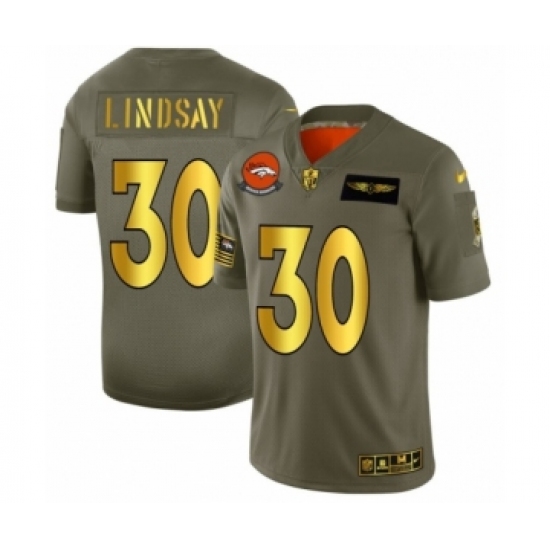 Men's Denver Broncos 30 Phillip Lindsay Olive Gold 2019 Salute to Service Football Jersey