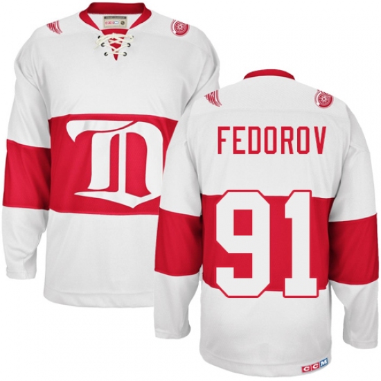 Men's CCM Detroit Red Wings 91 Sergei Fedorov Premier White Winter Classic Throwback NHL Jersey