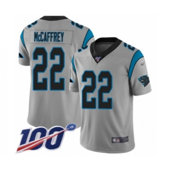 Men's Carolina Panthers 22 Christian McCaffrey Silver Inverted Legend Limited 100th Season Football Jersey