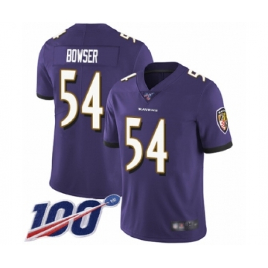 Men's Baltimore Ravens 54 Tyus Bowser Purple Team Color Vapor Untouchable Limited Player 100th Season Football Jersey