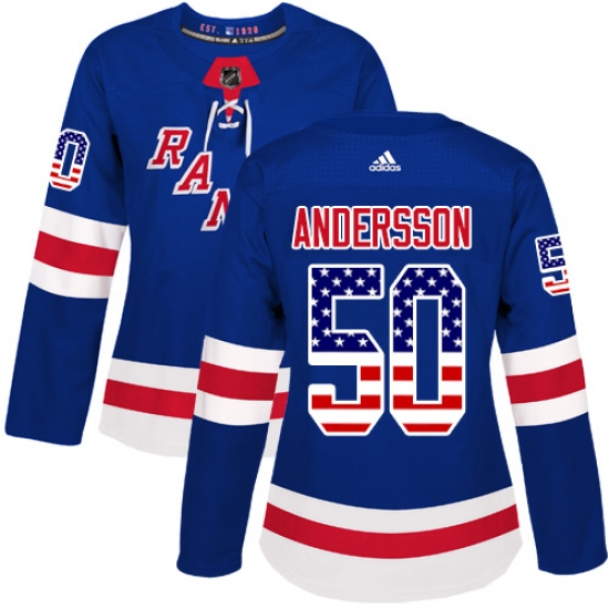 Women's Adidas New York Rangers 50 Lias Andersson Authentic Royal Blue USA Flag Fashion NHL Jersey