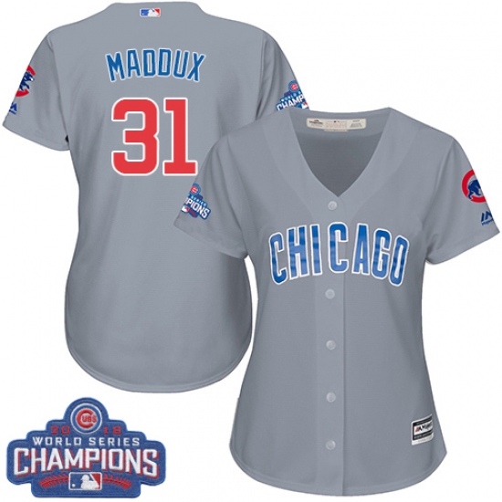 Women's Majestic Chicago Cubs 31 Greg Maddux Authentic Grey Road 2016 World Series Champions Cool Base MLB Jersey