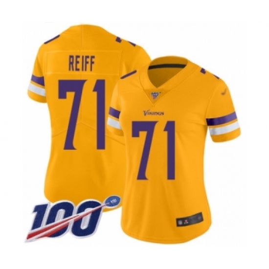 Women's Minnesota Vikings 71 Riley Reiff Limited Gold Inverted Legend 100th Season Football Jersey