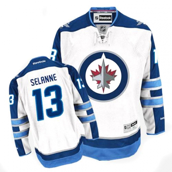 Men's Reebok Winnipeg Jets 13 Teemu Selanne Authentic White Away NHL Jersey