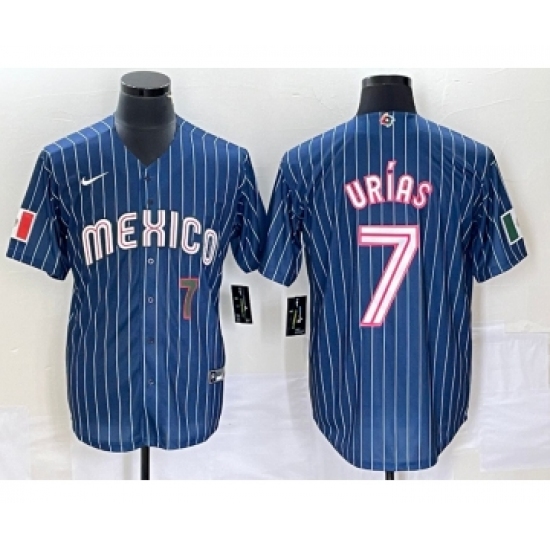 Men's Mexico Baseball 7 Julio Urias Number Navy Blue Pinstripe 2020 World Series Cool Base Nike Jersey2