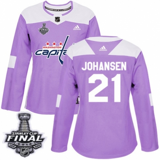 Women's Adidas Washington Capitals 21 Lucas Johansen Authentic Purple Fights Cancer Practice 2018 Stanley Cup Final NHL Jersey