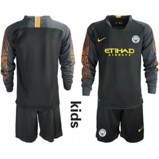 Manchester City Blank Black Goalkeeper Long Sleeves Kid Soccer Club Jersey