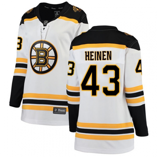 Women's Boston Bruins 43 Danton Heinen Authentic White Away Fanatics Branded Breakaway NHL Jersey