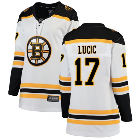 Women's Boston Bruins 17 Milan Lucic Authentic White Away Fanatics Branded Breakaway NHL Jersey