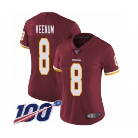 Women's Washington Redskins 8 Case Keenum Burgundy Red Team Color Vapor Untouchable Limited Player 100th Season Football Jersey