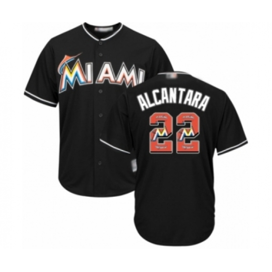 Men's Miami Marlins 22 Sandy Alcantara Authentic Black Team Logo Fashion Cool Base Baseball Jersey