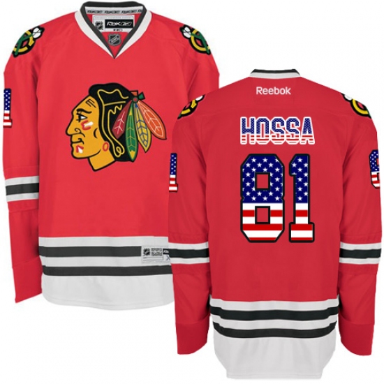 Men's Reebok Chicago Blackhawks 81 Marian Hossa Authentic Red USA Flag Fashion NHL Jersey