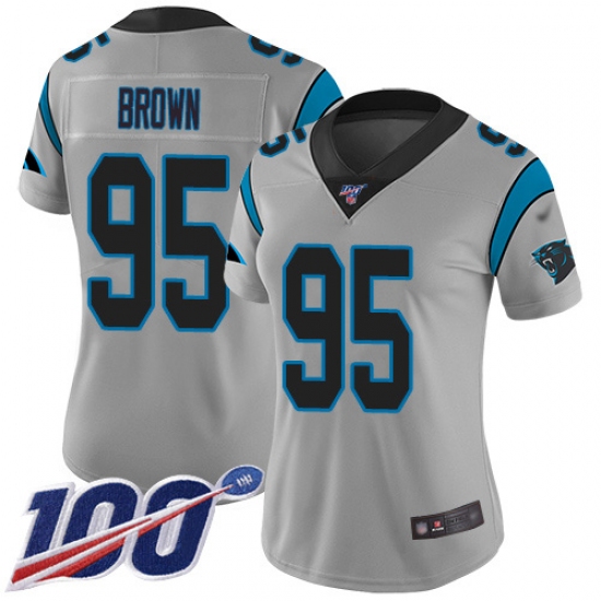 Women's Carolina Panthers 95 Derrick Brown Silver Stitched NFL Limited Inverted Legend 100th Season Jersey