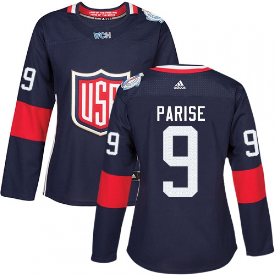 Women's Adidas Team USA 9 Zach Parise Authentic Navy Blue Away 2016 World Cup Hockey Jersey