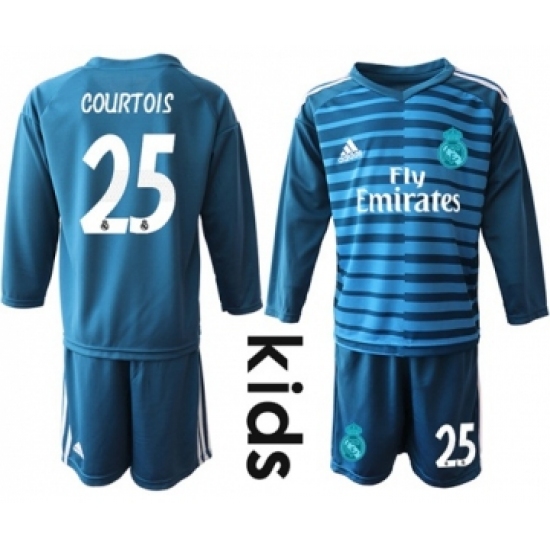 Real Madrid 25 Courtois Blue Goalkeeper Long Sleeves Kid Soccer Club Jersey