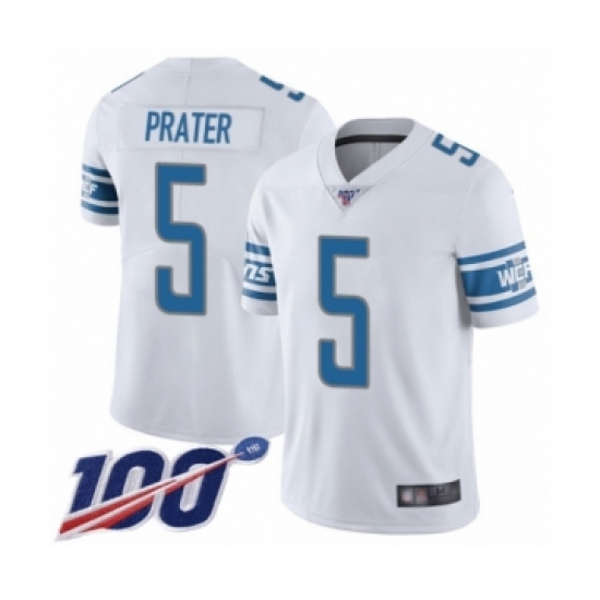 Men's Detroit Lions 5 Matt Prater White Vapor Untouchable Limited Player 100th Season Football Jersey