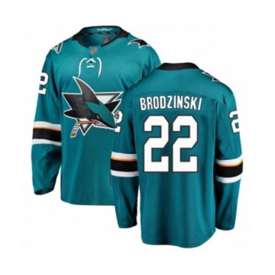 Youth San Jose Sharks 22 Jonny Brodzinski Fanatics Branded Teal Green Home Breakaway Hockey Jersey