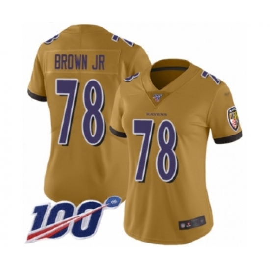 Women's Baltimore Ravens 78 Orlando Brown Jr. Limited Gold Inverted Legend 100th Season Football Jersey