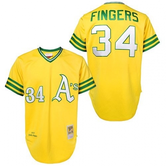 Men's Mitchell and Ness Oakland Athletics 34 Rollie Fingers Authentic Gold Throwback MLB Jersey