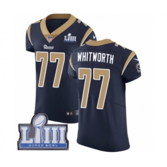 Men's Nike Los Angeles Rams 77 Andrew Whitworth Navy Blue Team Color Vapor Untouchable Elite Player Super Bowl LIII Bound NFL Jersey