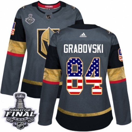 Women's Adidas Vegas Golden Knights 84 Mikhail Grabovski Authentic Gray USA Flag Fashion 2018 Stanley Cup Final NHL Jersey