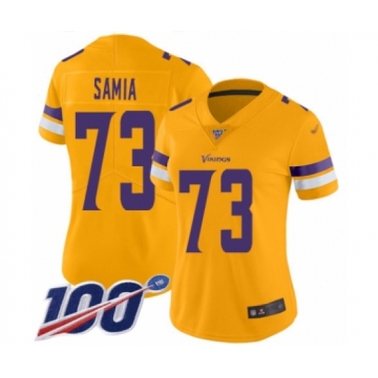 Women's Minnesota Vikings 73 Dru Samia Limited Gold Inverted Legend 100th Season Football Jersey