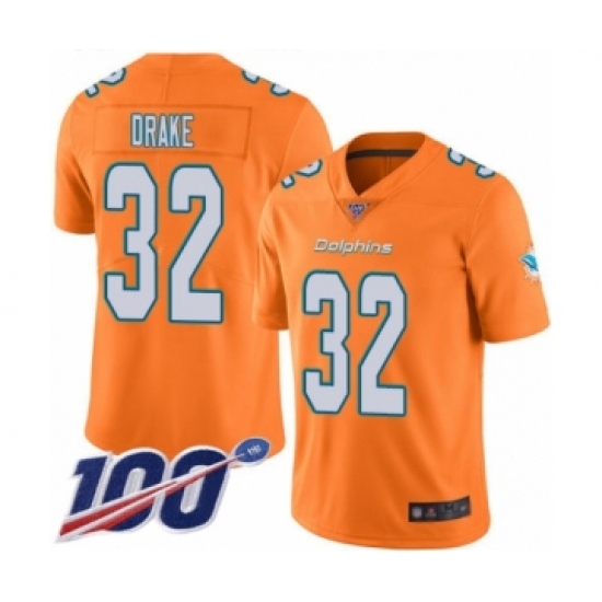 Men's Miami Dolphins 32 Kenyan Drake Limited Orange Rush Vapor Untouchable 100th Season Football Jersey