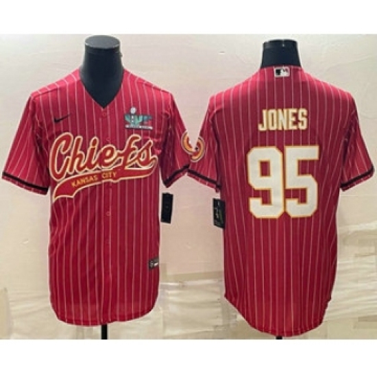 Men's Kansas City Chiefs 95 Chris Jones Red Pinstripe With Super Bowl LVII Patch Cool Base Stitched Baseball Jersey