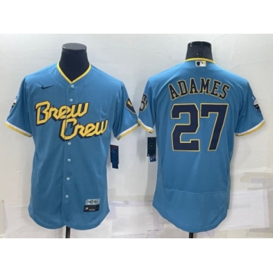 Men's Milwaukee Brewers 27 Willy Adames 2022 Powder Blue City Connect Flex Base Stitched Jersey