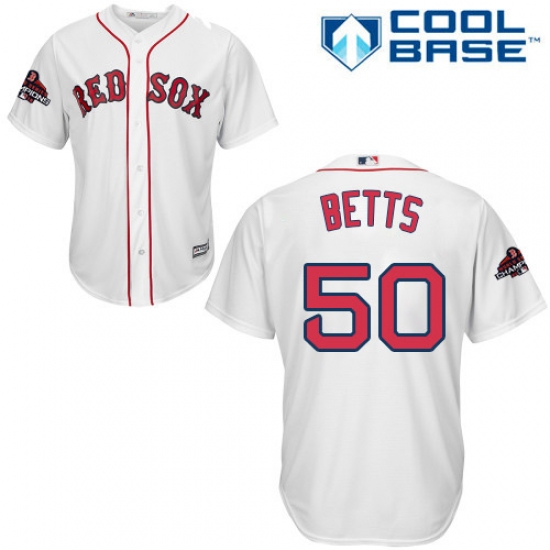 Youth Majestic Boston Red Sox 50 Mookie Betts Authentic White Home Cool Base 2018 World Series Champions MLB Jersey