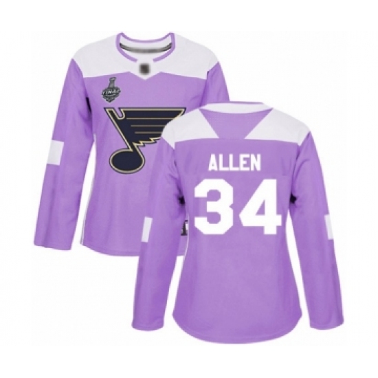Women's St. Louis Blues 34 Jake Allen Authentic Purple Fights Cancer Practice 2019 Stanley Cup Final Bound Hockey Jersey