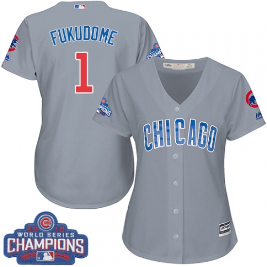 Women's Majestic Chicago Cubs 1 Kosuke Fukudome Authentic Grey Road 2016 World Series Champions Cool Base MLB Jersey