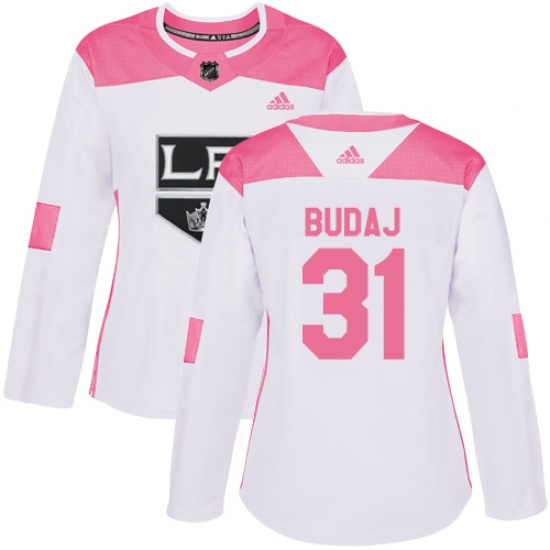 Women's Adidas Los Angeles Kings 31 Peter Budaj Authentic White Pink Fashion NHL Jersey