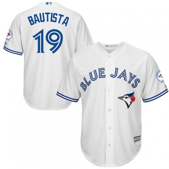 Men's Majestic Toronto Blue Jays 19 Jose Bautista Replica White Home 40th Anniversary Patch MLB Jersey