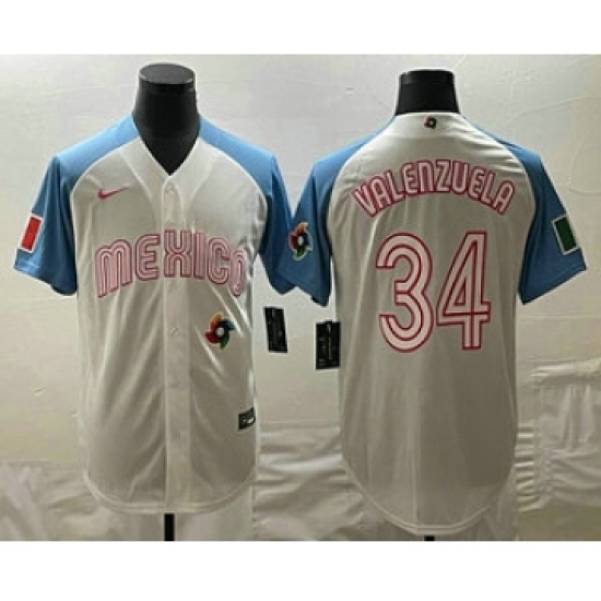 Men's Mexico Baseball 34 Fernando Valenzuela 2023 White Blue World Classic Stitched Jersey