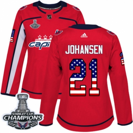 Women's Adidas Washington Capitals 21 Lucas Johansen Authentic Red USA Flag Fashion 2018 Stanley Cup Final Champions NHL Jersey