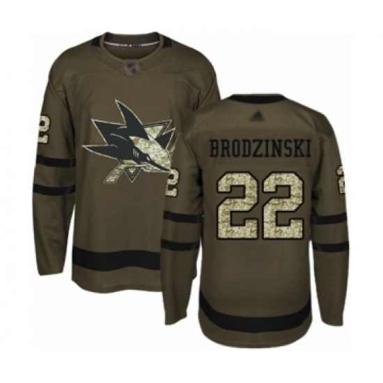 Men's San Jose Sharks 22 Jonny Brodzinski Authentic Green Salute to Service Hockey Jersey