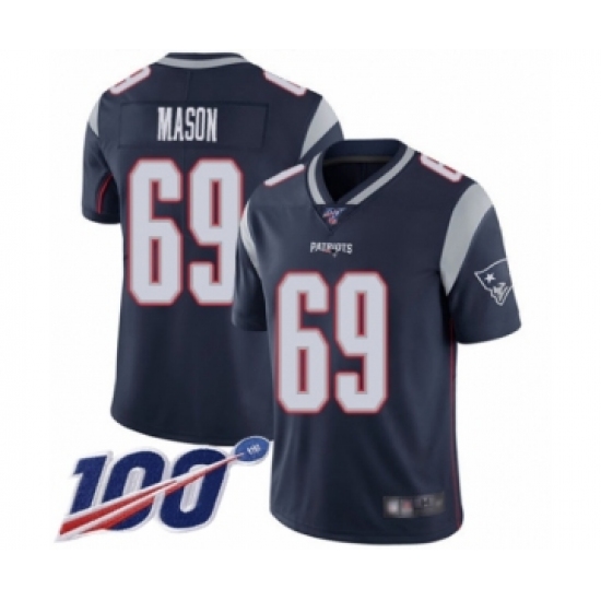 Men's New England Patriots 69 Shaq Mason Navy Blue Team Color Vapor Untouchable Limited Player 100th Season Football Jersey