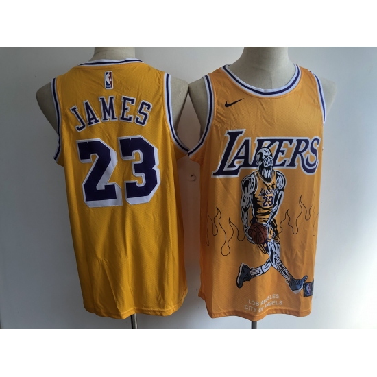 Men's Los Angeles Lakers 23 Lebron James Yellow Skull Stitched Basketball Jersey