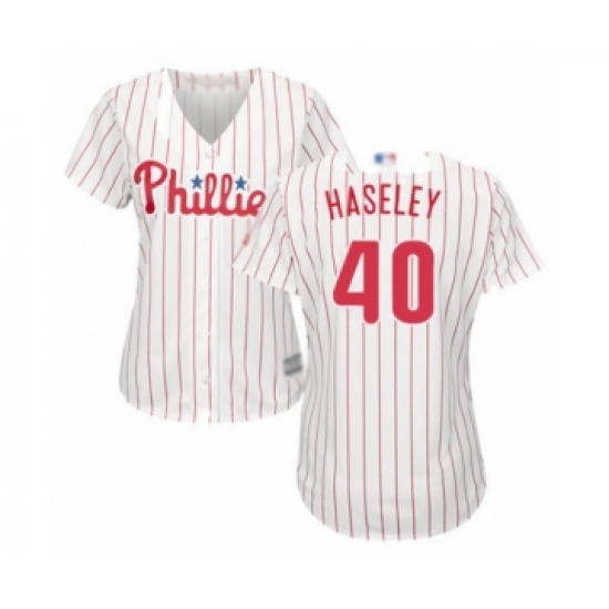 Women's Philadelphia Phillies 40 Adam Haseley Authentic White Red Strip Home Cool Base Baseball Player Jersey