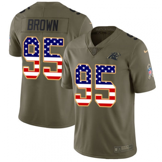 Youth Carolina Panthers 95 Derrick Brown Olive USA Flag Stitched NFL Limited 2017 Salute To Service Jersey