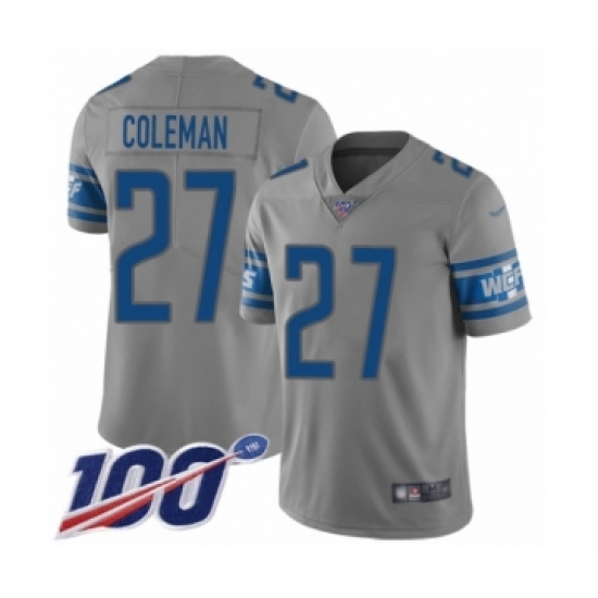 Men's Detroit Lions 27 Justin Coleman Limited Gray Inverted Legend 100th Season Football Jersey