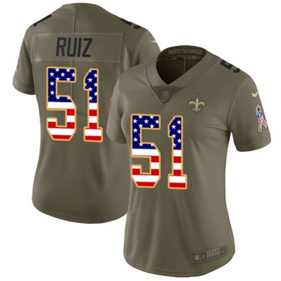 Women's New Orleans Saints 51 Cesar Ruiz Olive USA Flag Stitched NFL Limited 2017 Salute To Service Jersey