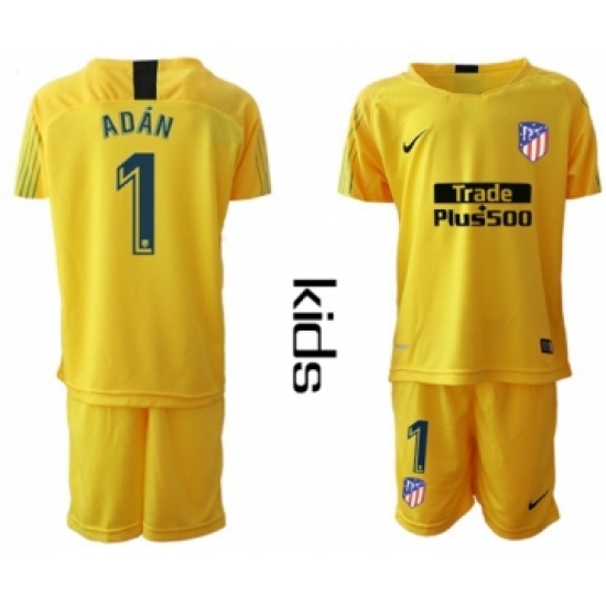 Atletico Madrid 1 Adan Yellow Goalkeeper Kid Soccer Club Jersey