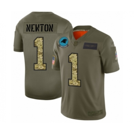Men's Carolina Panthers 1 Cam Newton 2019 Olive Camo Salute to Service Limited Jersey