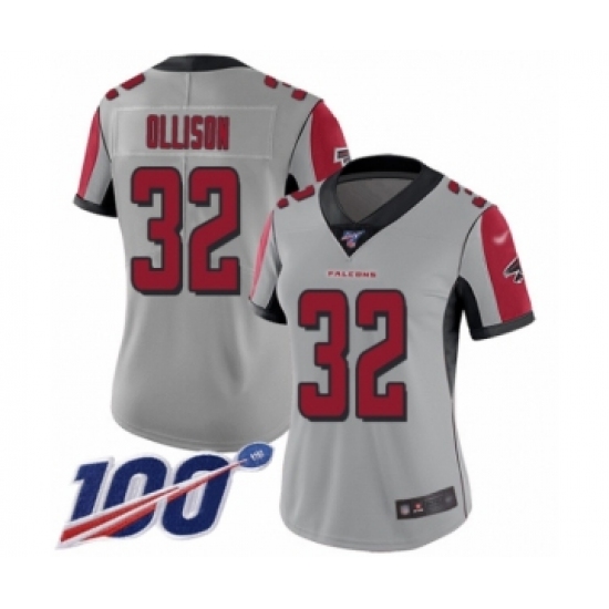 Women's Atlanta Falcons 32 Qadree Ollison Limited Silver Inverted Legend 100th Season Football Jersey